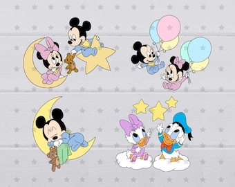 May include: Four different illustrations of Disney characters as babies. Mickey Mouse and Minnie Mouse are shown sleeping in a crescent moon. Mickey Mouse and Minnie Mouse are shown holding a teddy bear and riding a star. Mickey Mouse and Minnie Mouse are shown holding balloons. Donald Duck and Daisy Duck are shown holding hands and floating on clouds.