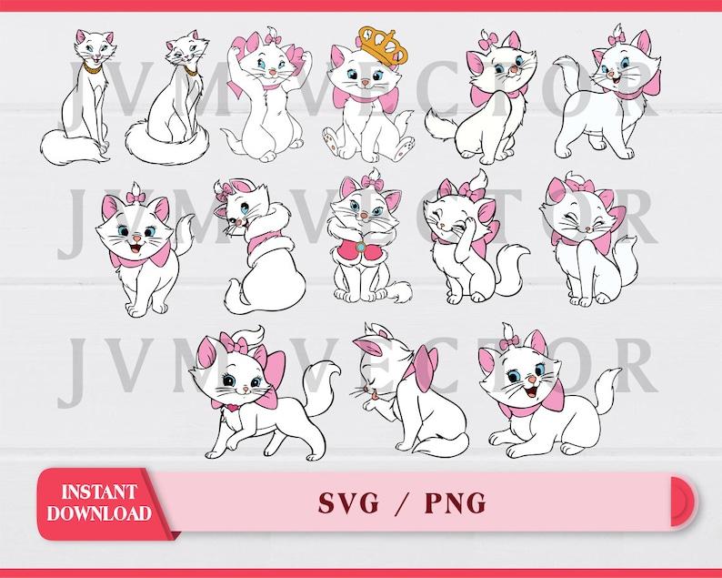 May include: A set of 12 digital cut files featuring a white cat with pink bows and a crown. The cat is in various poses, including sitting, standing, and looking to the side. The files are available in SVG and PNG formats.