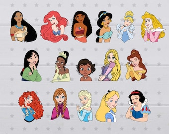May include: A collection of 16 cartoon Disney princesses with different hair colors and styles. The princesses are all wearing different outfits and accessories.