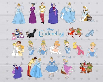 May include: A collection of Disney Cinderella characters, including Cinderella, Prince Charming, the Fairy Godmother, and the stepsisters. The characters are depicted in various poses and settings, including a ball, a carriage, and a kitchen.