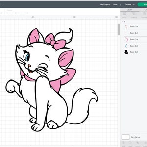 May include: A white cat with pink ears and a pink bow in her hair. She is winking and has a pink collar. The cat is sitting on a white background.