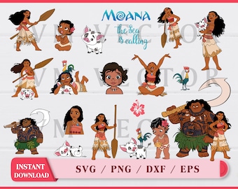 May include: A collection of vector graphics featuring characters from the animated film "Moana." The illustrations include Moana, Maui, Pua the pig, Hei Hei the rooster, and other elements. The text "Moana the sea is calling" is also present, along with "Instant Download" and file type options.