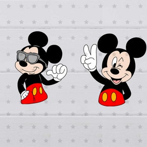 May include: Two cartoon images of Mickey Mouse. The first image shows Mickey Mouse wearing sunglasses and a red and black outfit. The second image shows Mickey Mouse with a peace sign and a red and black outfit.