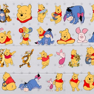 May include: A collection of cartoon character images featuring Winnie the Pooh, Tigger, Piglet, and Eeyore. The characters are depicted in various poses and expressions, including smiling, waving, and holding objects. The images are colorful and whimsical, perfect for use in crafts, scrapbooking, or digital projects.