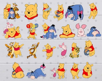 May include: A collection of cartoon character images featuring Winnie the Pooh, Tigger, Piglet, and Eeyore. The characters are depicted in various poses and expressions, including smiling, waving, and holding objects. The images are colorful and whimsical, perfect for use in crafts, scrapbooking, or digital projects.