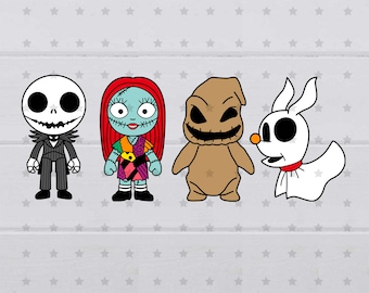 May include: Four cartoon characters from the Nightmare Before Christmas movie.  The characters are Jack Skellington, Sally, Oogie Boogie, and Zero.  The characters are in a cartoon style and are all smiling.