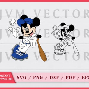 May include: Two cartoon images of Mickey Mouse dressed in a baseball uniform. One image is in color and the other is in black and white. Both images show Mickey Mouse holding a baseball bat.