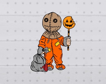 May include: A cartoon illustration of a character dressed as a scarecrow holding a candy apple and a bag. The character has a stitched burlap sack for a head with a stitched mouth and eyes. The character is wearing an orange jumpsuit with brown patches and brown boots. The candy apple is orange with a green stem and a bite taken out of it.