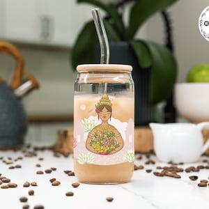 Khmer Apsara Cartoon Ice Coffee Cup, Beer Can Glass with Lid and Straw