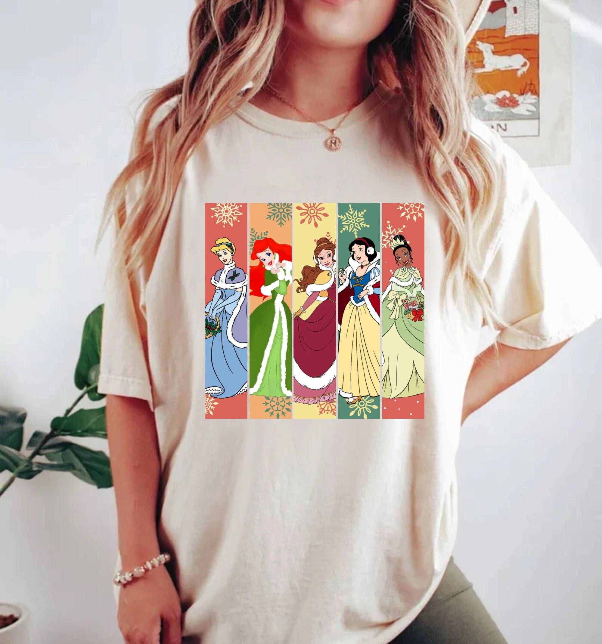 Discover Disney Pricesses Christmas Comfort Colors Shirt, Christmas Princess Shirt, Disney Girl Christmas Shirt, Christmas Vibes,Disney Family Shirt