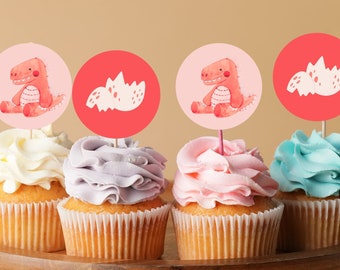 Pink Dinosaur Baby Shower Cupcake & Cake Toppers; Non-Customizable Digital File