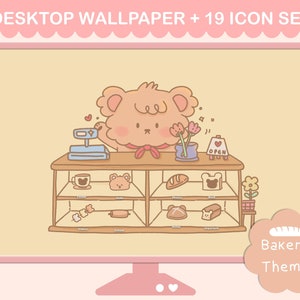 Cute Bear Bakery Theme Desktop icon + wallpaper set | 19 Icons | 4 wallpaper | Mac folder icons | windows Icons | Cozy warm bear Desktop set