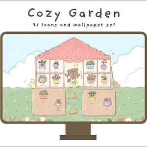 Cute Garden Theme Desktop icon + wallpaper set | 23 Icons | 1 wallpaper | Mac folder icons | windows Icons | Cozy winter Desktop set