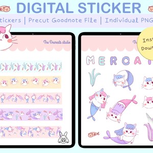 May include: A digital sticker set featuring 20 precut stickers of cute cats with mermaid tails and fish. The stickers are designed for use with the Goodnotes app and are available as individual PNG files. The set includes a variety of designs, including cats with different colored tails, fish, and seaweed. The stickers are perfect for adding a touch of whimsy to your notes, planners, and journals.
