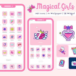 CUTE Magical Girls Hand drawn Icon Pack with matching wallpapers | 140+ icons | Android + iOS App Icon set  | dark and light theme present