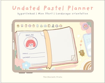 May include: A pastel pink and yellow planner with a cute bunny illustration on the cover. The planner is undated and has a landscape orientation. The text "ABOUT ME" is visible on the cover, along with the words "NAME:" and "BIRTHDAY:".