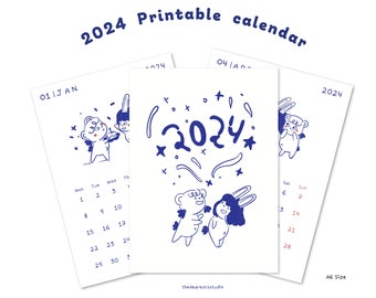 Leuke 2024 geïllustreerde printbare kalender met een schattige beer en konijn | PDF- en PNG-formaat Beschikbaar | A6-formaat