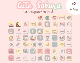 Pictogrampakket Sakura-app | Kawaii iOS + Android-thema (60 pictogrammen, achtergronden)