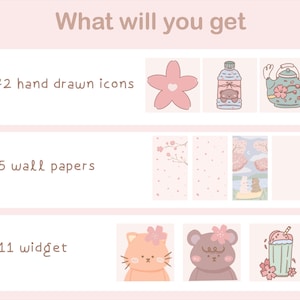 Op de afbeelding: Een digitale illustratieset met 72 handgetekende iconen, 5 achtergronden en 11 widgets. De illustraties zijn in een pastelroze kleurenschema en bevatten schattige dieren, bloemen en drankjes.