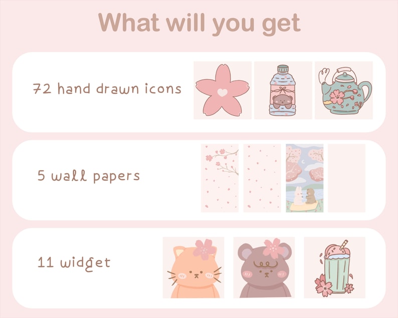 Op de afbeelding: Een digitale illustratieset met 72 handgetekende iconen, 5 achtergronden en 11 widgets. De illustraties zijn in een pastelroze kleurenschema en bevatten schattige dieren, bloemen en drankjes.