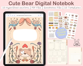 May include: A digital notebook template featuring a cute bear design. The cover has a pink bow, floral accents, and a bear with a heart-shaped eye. The notebook includes 10 templates, a free sticker sheet, and is compatible with Goodnotes.
