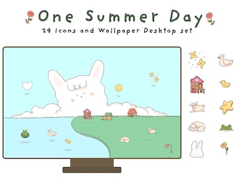 May include: A desktop wallpaper set with 29 icons featuring a white bunny rabbit in the clouds above a green field and blue water. The icons include a house, a duck, a frog, a star, a flower, and a sheep. The text "One Summer Day" is at the top of the image.