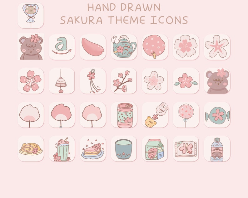 Op de afbeelding: Een set van 25 handgetekende iconen met een roze en groene kleurstelling met een sakura-thema. De iconen omvatten een beer, een theepot, een bel, een boom, een blikje, een taart, een rol, een drankje, een kopje, een melkpak, een snoepje, een ballon, een bloem en een fles water.