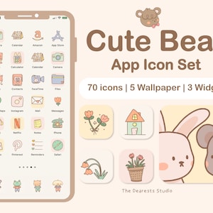Op de afbeelding: Een set van 70 schattige beren-app-pictogrammen, 5 achtergronden en 3 widgets. De pictogrammen bevatten een verscheidenheid aan schattige dieren, waaronder beren, konijnen en bloemen. De tekst "Cute Bear App Icon Set" wordt bovenaan de afbeelding in bruine tekst weergegeven. De tekst "70 icons | 5 Wallpaper | 3 Widget" wordt in bruine tekst onder de titel weergegeven. De tekst "The Dearests Studio" wordt in bruine tekst onderaan de afbeelding weergegeven.