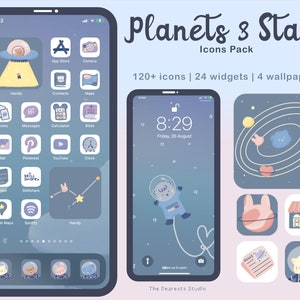 Cute Magical Galaxy Hand drawn Icon Pack with wallpapers | Celestial App Icons |  120+ icons | Android + iOS App Icon set |  Blue app Icons