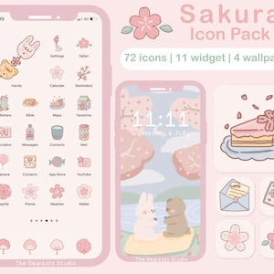 CUTE SAKURA Hand drawn Icon Pack with wallpapers | cherry blossom App Icons |  70 icons | Android + iOS App Icon set | Pink Kawaii app Icon
