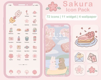 CUTE SAKURA Hand drawn Icon Pack with wallpapers | cherry blossom App Icons |  70 icons | Android + iOS App Icon set | Pink Kawaii app Icon