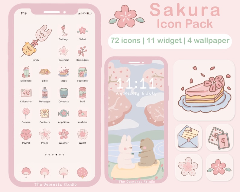 Op de afbeelding: Een roze en witte telefoon-scherm mockup met een roze achtergrond. Het telefoonscherm toont een raster van app-pictogrammen met een roze en witte kersenbloesemthema. De tekst "Sakura Icon Pack" staat bovenaan de afbeelding. De tekst "72 icons | 11 widget | 4 wallpaper" staat onder de titel.