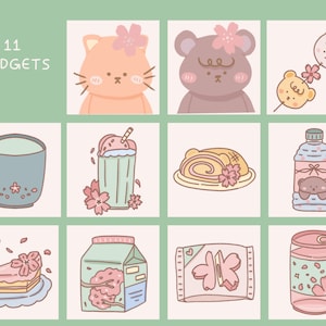 Op de afbeelding: Een set van 11 digitale illustraties met schattige cartoonfiguren en objecten met een kersenbloesemthema. De illustraties omvatten een kat, een beer, een konijn, een theekopje, een milkshake, een rolcake, een waterfles, een taart, een melkpak, een snackreep en een blik.
