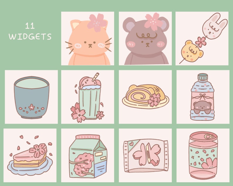 Op de afbeelding: Een set van 11 digitale illustraties met schattige cartoonfiguren en objecten met een kersenbloesemthema. De illustraties omvatten een kat, een beer, een konijn, een theekopje, een milkshake, een rolcake, een waterfles, een taart, een melkpak, een snackreep en een blik.