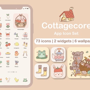 May include: A set of 73 cottagecore-themed app icons, 2 widgets, and 6 wallpapers. The icons feature cute illustrations of animals, plants, and objects, such as a frog, a teapot, a bear, and a rabbit. The text "Cottagecore App Icon Set" is displayed at the top of the image.