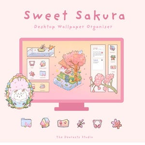 May include: A pink desktop wallpaper organizer with the text "Sweet Sakura" and "Desktop Wallpaper Organizer". The organizer features a cute cartoon illustration of a house with a cherry blossom tree, a pond, and a white fluffy animal. The organizer also includes icons for a folder, a house, a heart, a flower, and headphones.