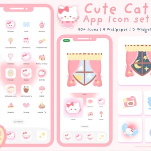 SÜSSE pastellrosa KATZE Hand gezeichnete Icon-Pack mit Tapeten | Kitty Cat App Icons | 90+ Icons |Android + iOS App Icon Set |Rosa Kawaii Katze Icon