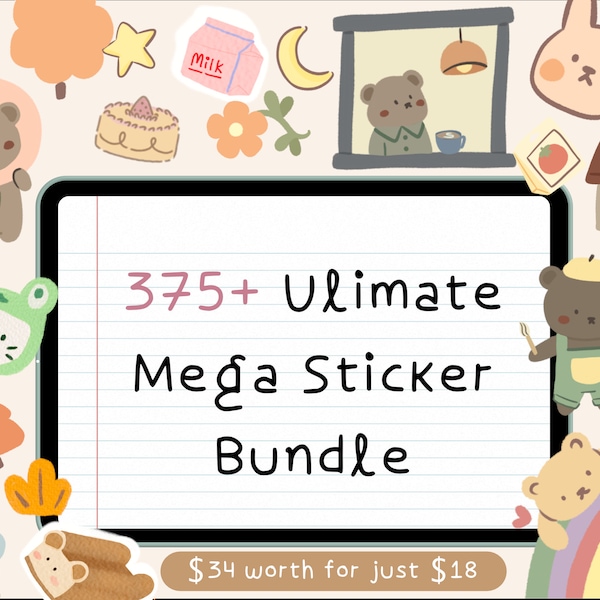 Süßes Ultimate Mega Digital Sticker Bundle, das für Goodnotes & andere digitale Notizen | 375+ Digitale Sticker | Wertpaket