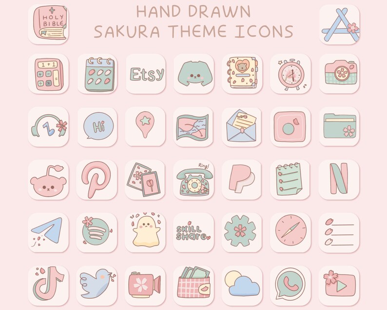 Op de afbeelding: Een set van 36 handgetekend app-pictogrammen met een sakura-thema. De pictogrammen hebben een vierkante vorm met afgeronde hoeken en zijn in verschillende kleuren, waaronder roze, blauw, groen en geel. Elk pictogram heeft een klein bloemen- of bloesemontwerp in de hoek. De pictogrammen omvatten populaire apps zoals Instagram, Pinterest, TikTok en meer.