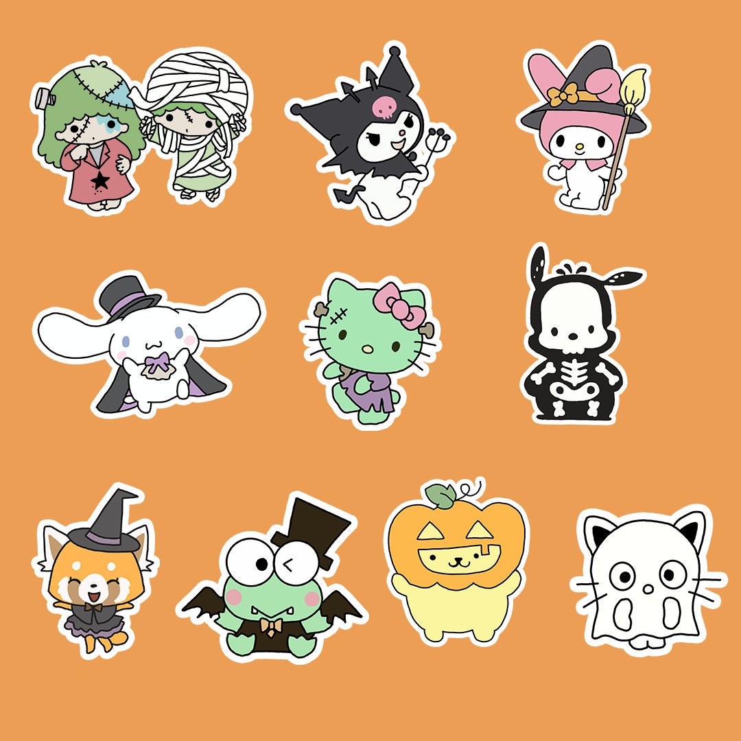 Sanrio Halloween characters, pack of 10 | Halloween themed Sanrio stickers,  Hello Kitty, My Melody, Kuromi, Pompompurin, Cinnamoroll, image size:1080x1080
