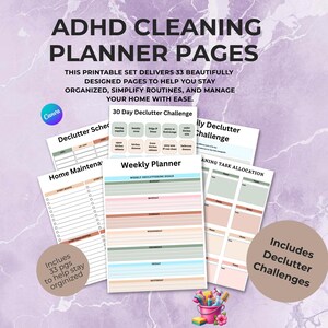 May include: ADHD cleaning planner pages with 33 printable pages to help stay organized. Includes weekly planner, declutter challenges, and home maintenance checklists. The pages are designed to simplify routines and manage your home with ease.