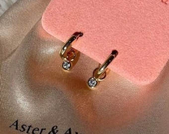 18k Gold Plated Huggies Crystal Round Drop Dainty Earrings