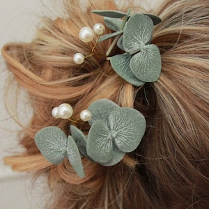 Horquillas para el pelo con perlas de eucalipto, pieza de pelo de novia verde, horquillas rústicas para boda.