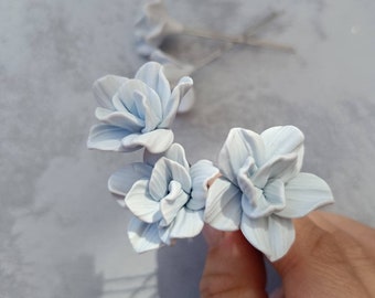 Dusty blue wedding hair pins, small hair flowers Bridal floral hair pin set.