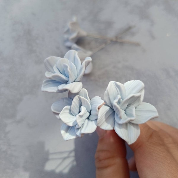 Dusty blue wedding hair pins, small hair flowers Bridal floral hair pin set.