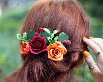 Burgundy orange wedding hair pins, autumn floral hair pins for fall wedding. Set of 3 Bridal flower hair pins. Rose hair pins