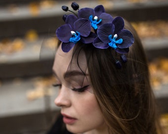 Purple blue orchid hair clip, gothic headpiece Halloween hair clip with black birdcage veil. Dark tiki hair flower.