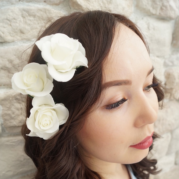 White rose wedding hair pins. Flower bridal hair pins. Set of three real touch flowers. Floral hair piece