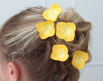 Yellow floral hair pins. Fall wedding headpiece hydrangea set of 5 hair accessories.