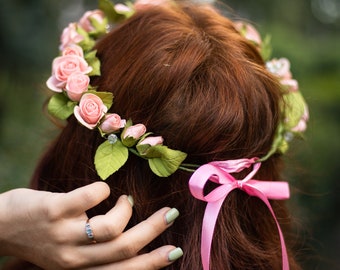 Peach rose flower crown, bridal flower crown, dainty flower crown, fairy crown. Flower girl crown.